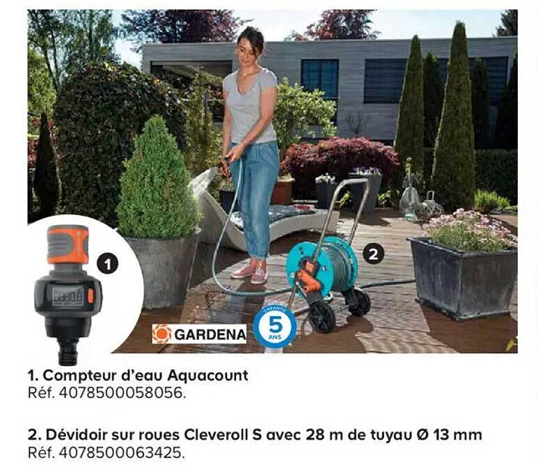 Compteur d’eau Aquacount  
Dévidoir sur roues Cleveroll S avec 28 m de tuyau Ø 13 mm