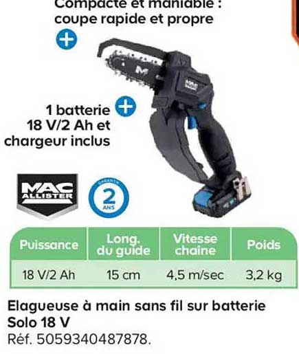 Élagueuse à main sans fil sur batterie Solo 18 V