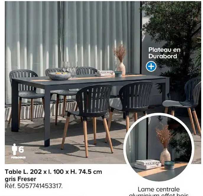 Table L. 202 x l. 100 x H. 74.5 cm gris Freser