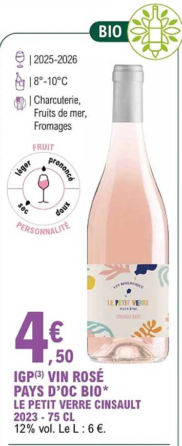 IGP Vin Rosé Pays d'Oc Bio - Le Petit Verre Cinsault 2023 - 75 CL