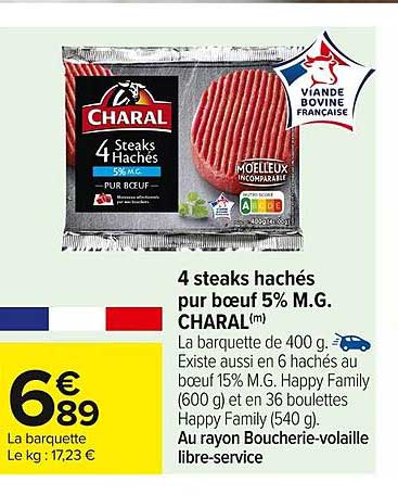 4 steaks hachés pur bœuf 5% M.G. CHARAL(m)
