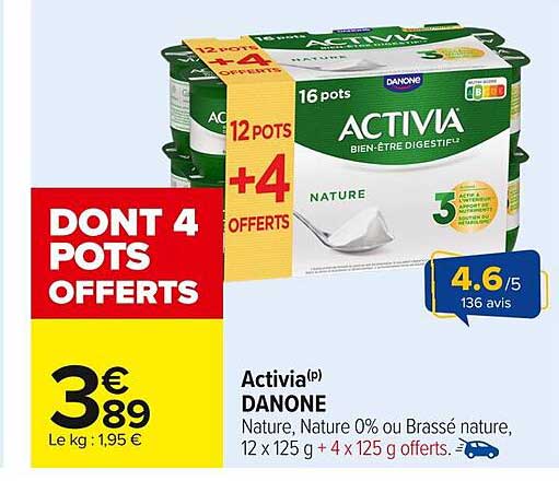 Activia 12 pots + 4 pots offerts