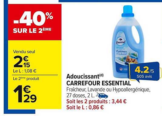 Adoucissant(d) CARREFOUR ESSENTIAL Fraîcheur, Lavande ou Hypoallergénique, 27 doses, 2 L