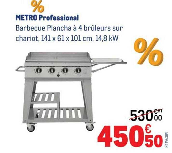 Barbecue Plancha à 4 brûleurs sur chariot, 141 x 61 x 101 cm, 14,8 kW