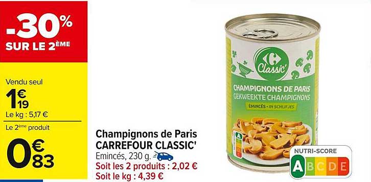 Champignons de Paris CARREFOUR CLASSIC' Émincés, 230 g.
