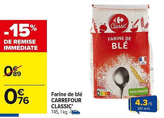 Farine de blé CARREFOUR CLASSIC’ T45, 1 kg.