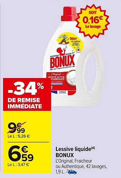 Lessive liquide BONUX L'Original, Fraîcheur ou Authentique, 42 lavages, 1,9 L.