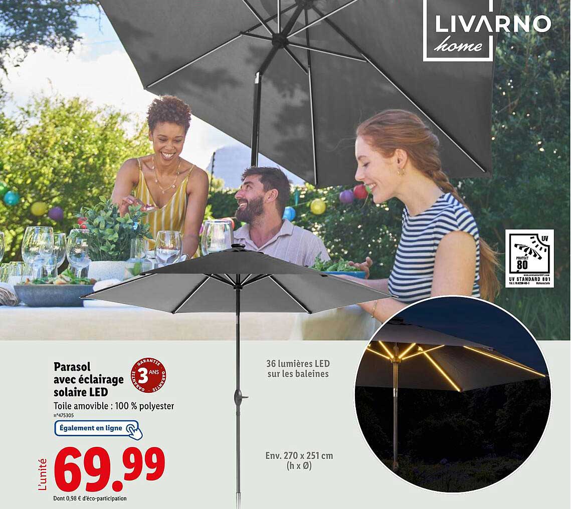 Parasol avec éclairage solaire LED