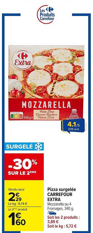 Pizza surgelée CARREFOUR EXTRA Mozzarella ou 4 Fromages, 340 g