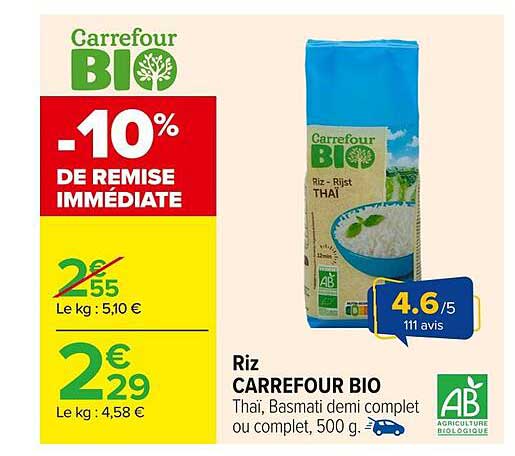 Riz CARREFOUR BIO Thaï, Basmati demi complet ou complet, 500 g