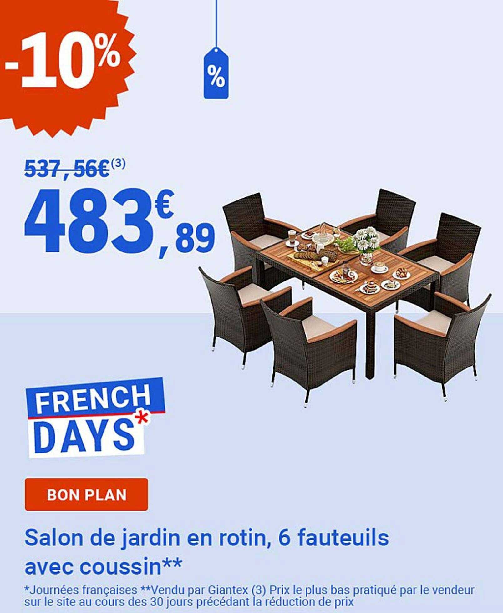 Salon de jardin en rotin, 6 fauteuils avec coussin