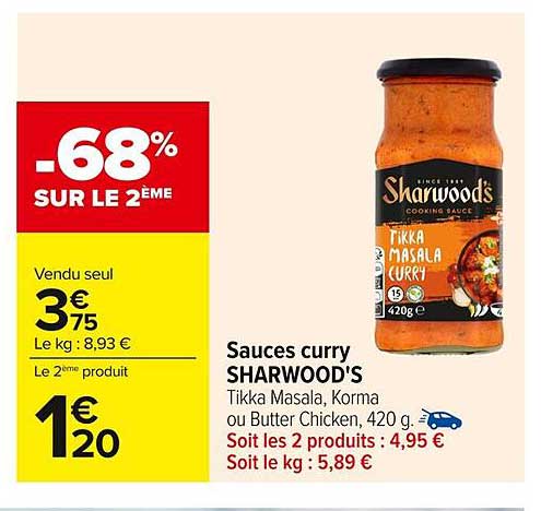 Sauces curry SHARWOOD'S Tikka Masala, Korma ou Butter Chicken, 420 g.