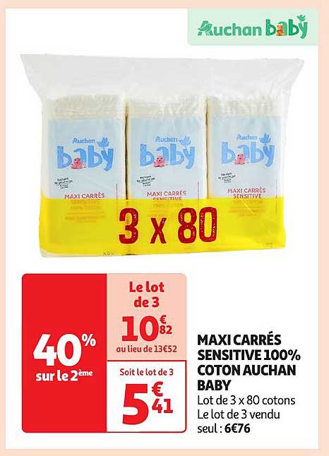 MAXI CARRÉS SENSITIVE 100% COTON AUCHAN BABY