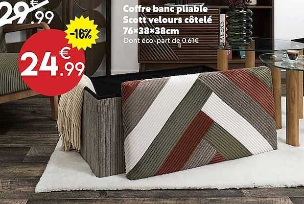 Coffre banc pliable Scott velours côtelé 76x38x38cm