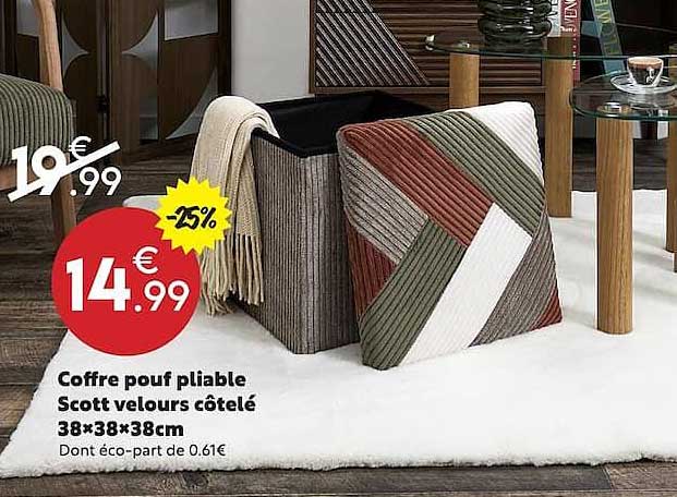 Coffre pouf pliable Scott velours côtelé 38×38×38cm