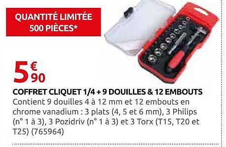 COFFRET CLIQUET 1/4 + 9 DOUILLES + 12 EMBOUTS