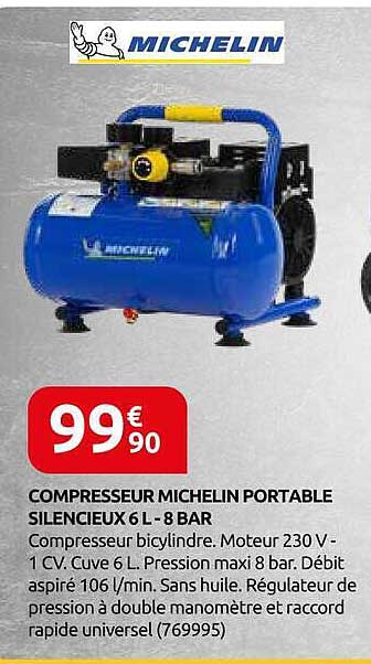 COMPRESSEUR MICHELIN PORTABLE SILENCIEUX 6L - 8 BAR