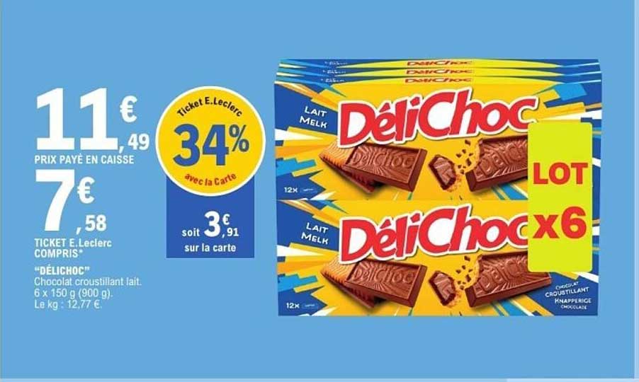 DEL'CHOC Chocolat croustillant lait 6 x 150 g (900 g)