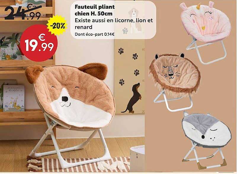 Fauteuil pliant chien H.50cm Existe aussi en licorne, lion et renard