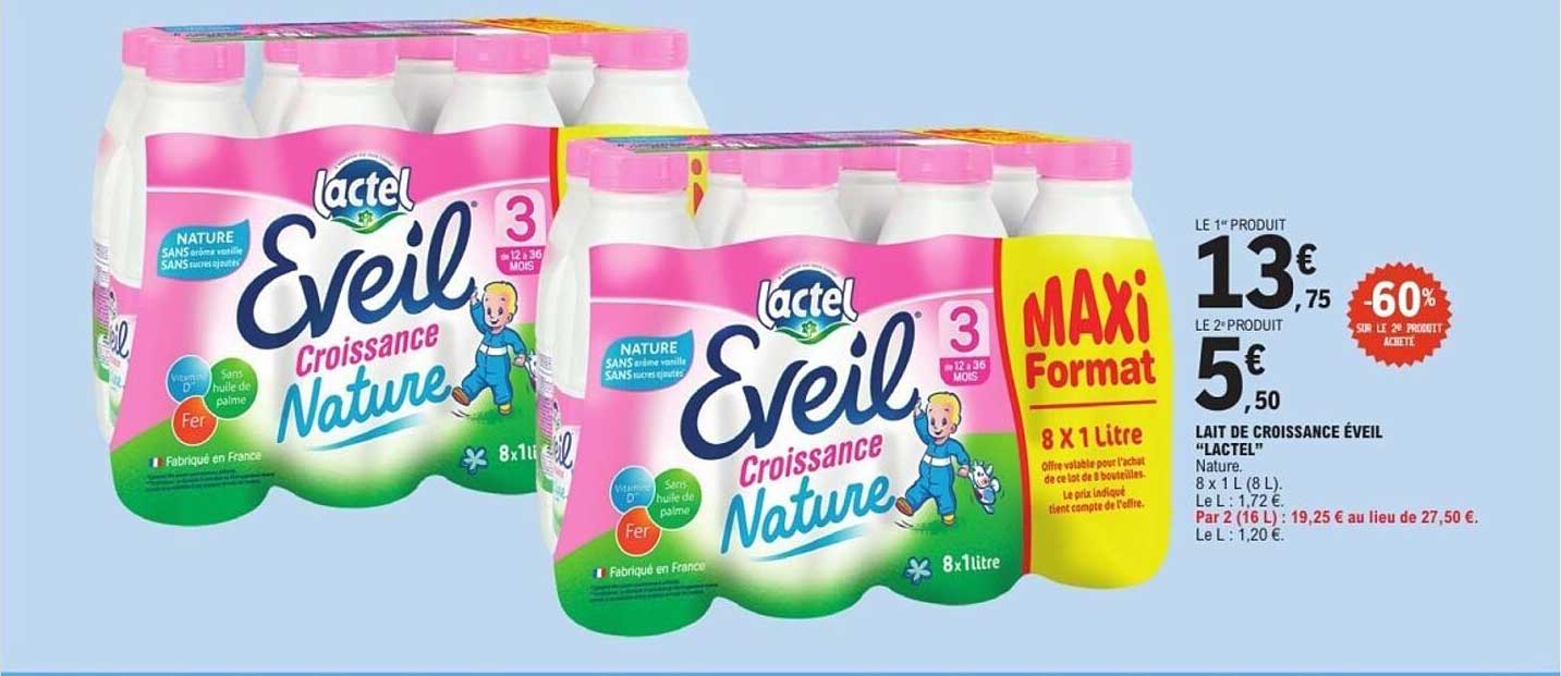 Lait de croissance Eveil « Lactel » Nature. 8 x 1 L (8 L)