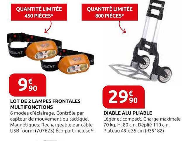LOT DE 2 LAMPES FRONTALES MULTIFONCTIONS