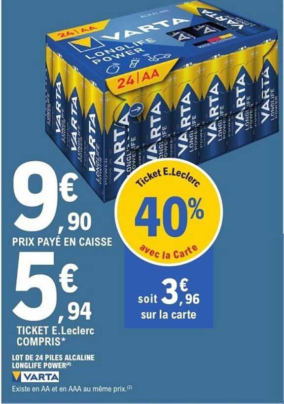 LOT DE 24 PILES ALCALINE LONGLIFE POWER VARTA