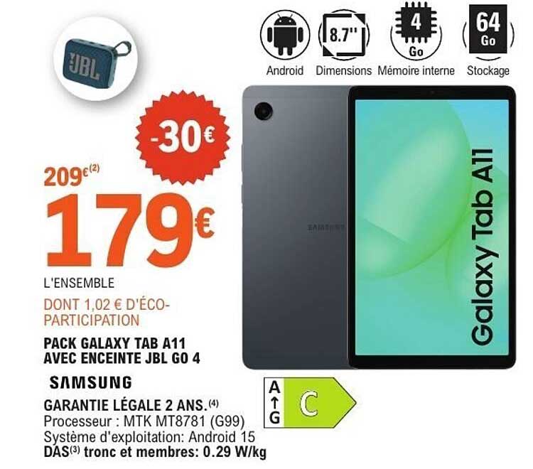 PACK GALAXY TAB A11 AVEC ENCEINTE JBL GO 4