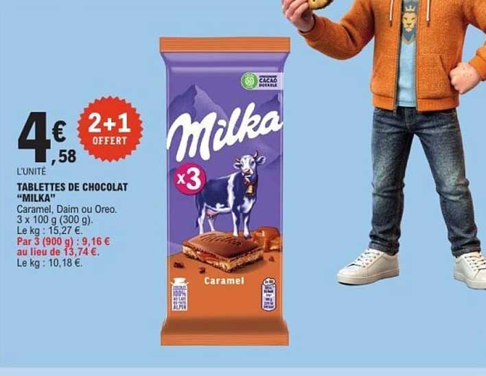 TABLETTES DE CHOCOLAT "MILKA" Caramel, Daim ou Oreo. 3 x 100 g (300 g).