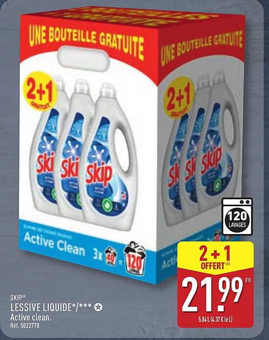 2 + 1 GRATUIT - LESSIVE LIQUIDE SKIP ACTIVE CLEAN