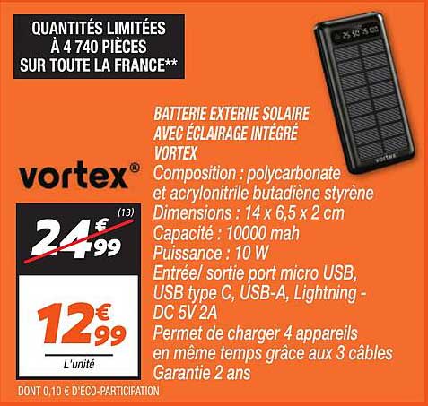 BATTERIE EXTERNE SOLAIRE AVEC ÉCLAIRAGE INTÉGRÉ VORTEX