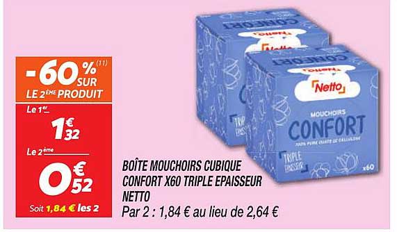 BOÎTE MOUCHOIRS CUBIQUE CONFORT X60 TRIPLE EPAISSEUR NETTO