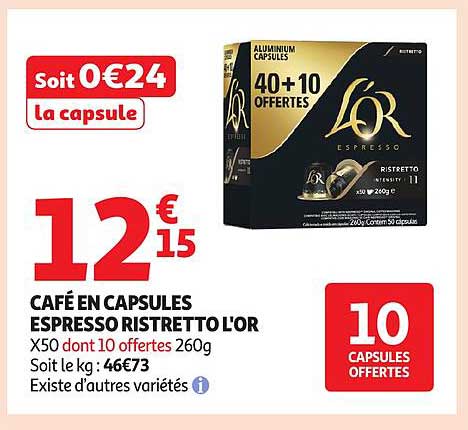 Café en capsules Espresso Ristretto L'OR X50 dont 10 offertes 260g