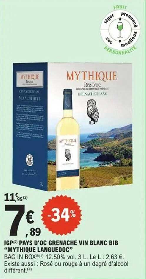 IGP PAYS D'OC GRENACHE VIN BLANC BIB "MYTHIQUE LANGUEDOC"