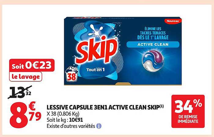 LESSIVE CAPSULE 3EN1 ACTIVE CLEAN SKIP