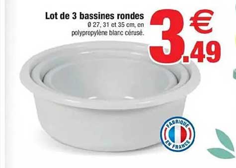 Lot de 3 bassines rondes 0 27, 31 et 35 cm, en polypropylène blanc cérusé.