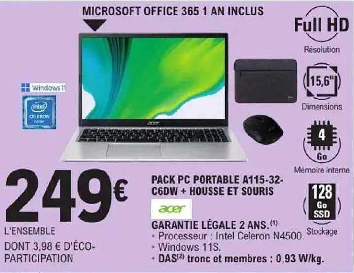 PACK PC PORTABLE A115-32-C6DW + HOUSSE ET SOURIS