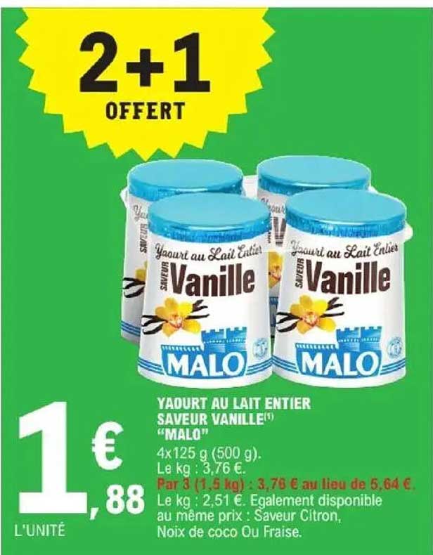 YAOURT AU LAIT ENTIER SAVEUR VANILLE "MALO"