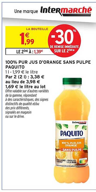 100% PUR JUS D'ORANGE SANS PULPE PAQUITO