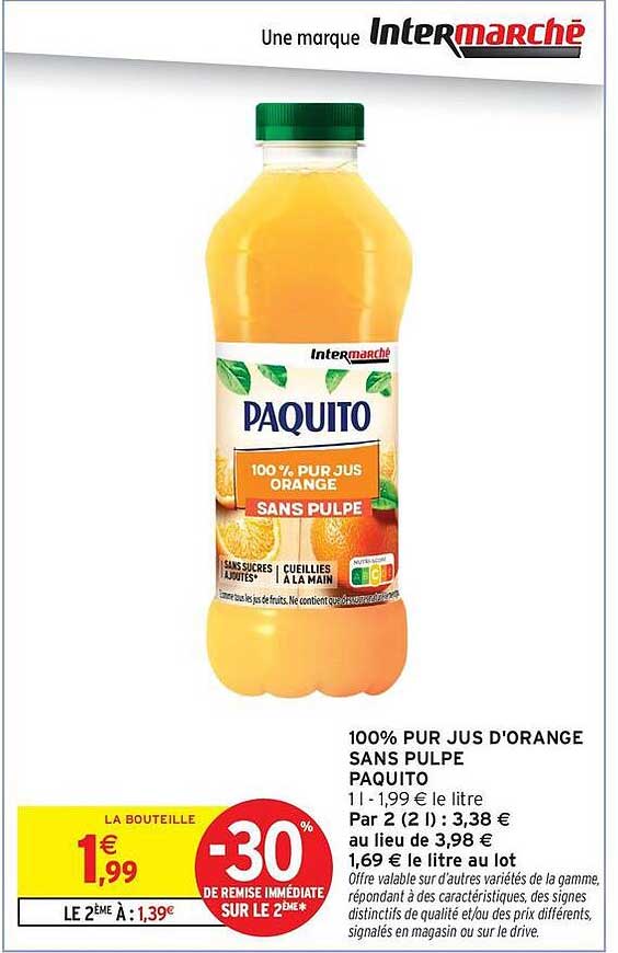 100% PUR JUS D’ORANGE SANS PULPE PAQUITO