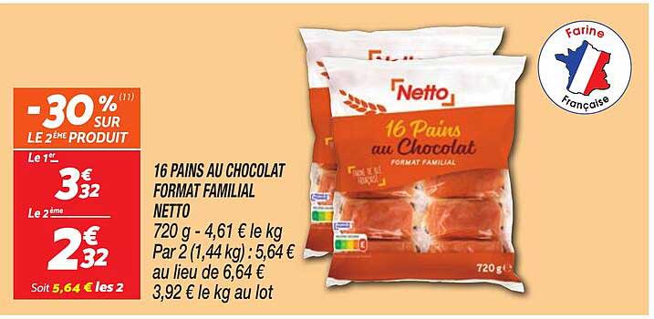 16 PAINS AU CHOCOLAT FORMAT FAMILIAL NETTO