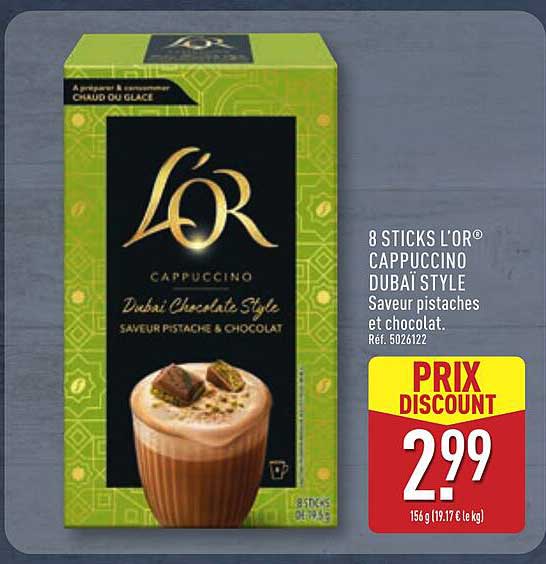 8 sticks L’OR® Cappuccino Dubai Style Saveur pistaches et chocolat.