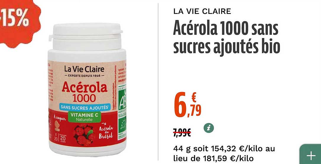 Acérola 1000 sans sucres ajoutés bio