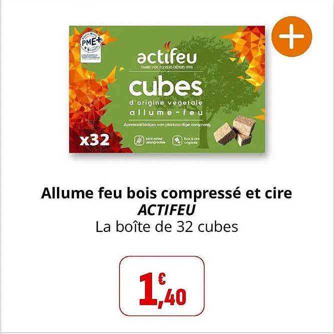 Allume feu bois compressé et cire ACTIFEU La boîte de 32 cubes