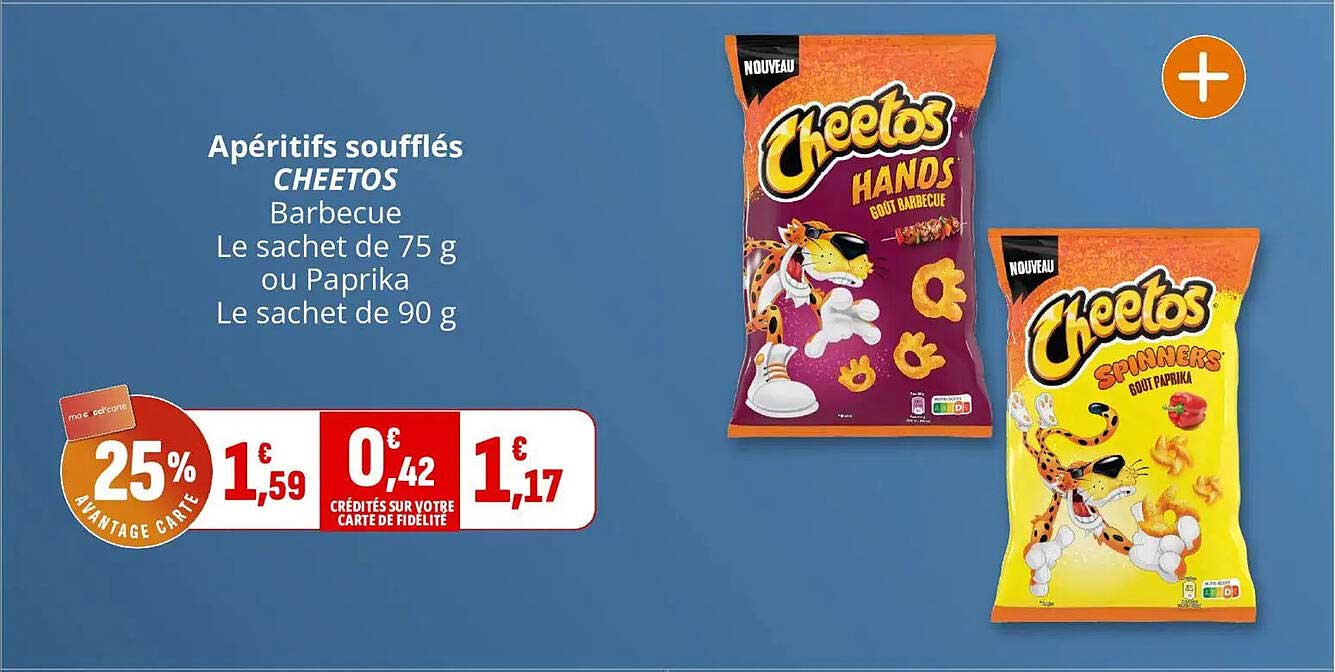 Apéritifs soufflés CHEETOS Barbecue Le sachet de 75 g ou Paprika Le sachet de 90 g