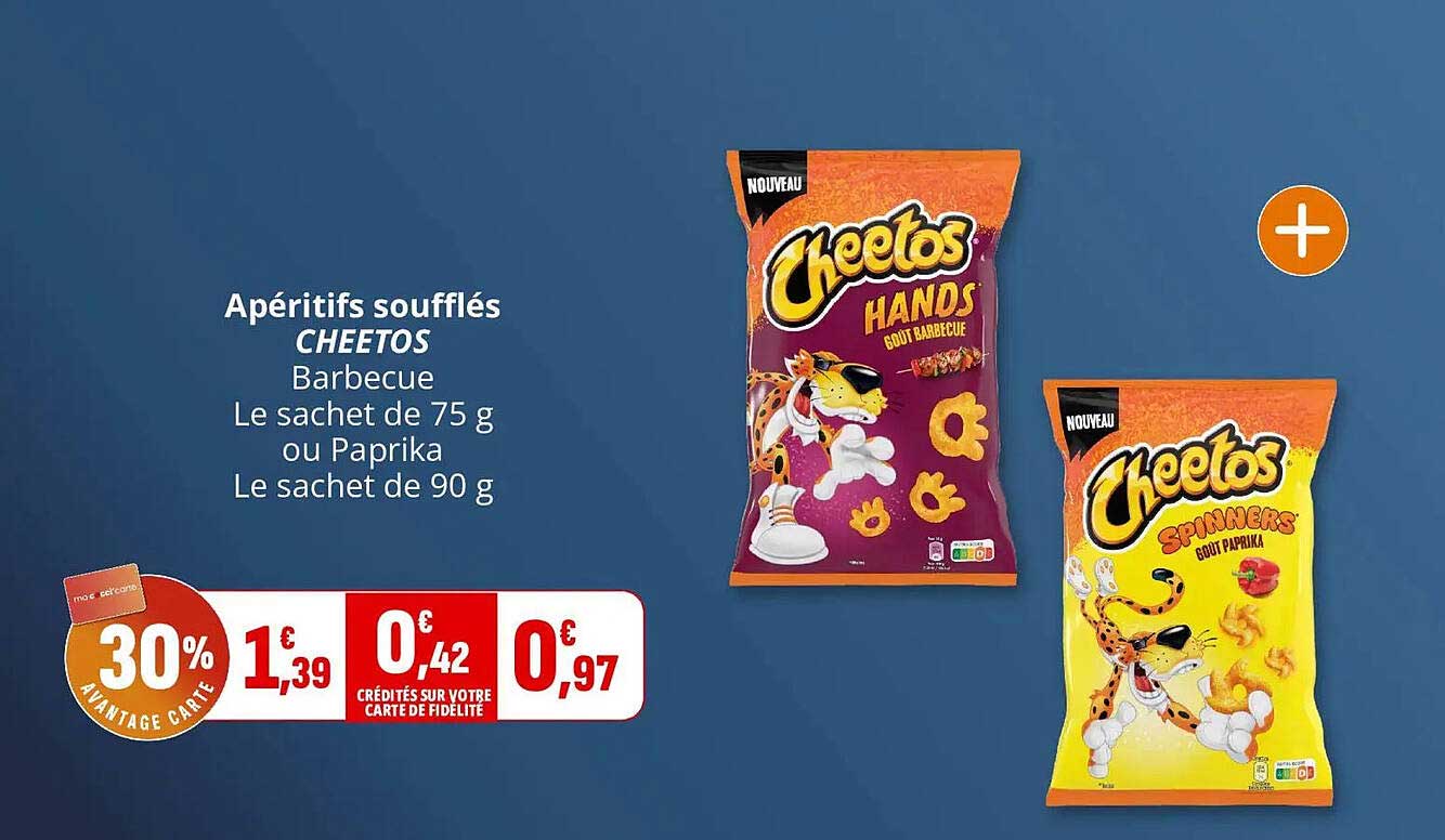 Apéritifs soufflés CHEETOS Barbecue Le sachet de 75 g ou Paprika Le sachet de 90 g