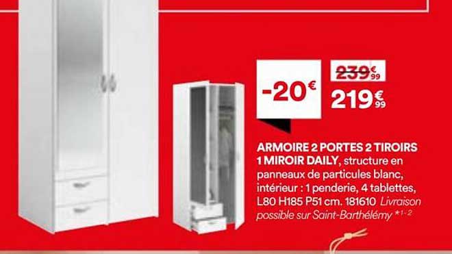 ARMOIRE 2 PORTES 2 TIROIRS 1 MIROIR DAILY
