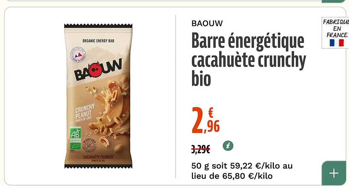 BAOUW Barre énergétique cacahuète crunchy bio