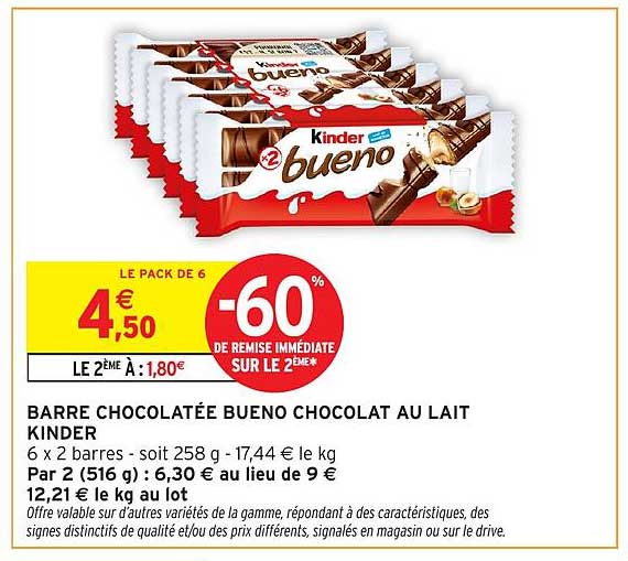 BARRE CHOCOLATÉE BUENO CHOCOLAT AU LAIT KINDER
