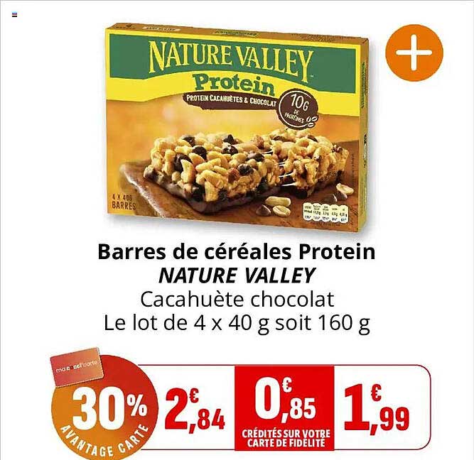 Barres de céréales Protein NATURE VALLEY Cacahuète chocolat Le lot de 4 x 40 g soit 160 g