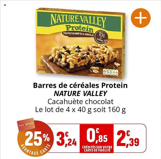 Barres de céréales Protein NATURE VALLEY Cacahuète chocolat Le lot de 4 x 40 g soit 160 g